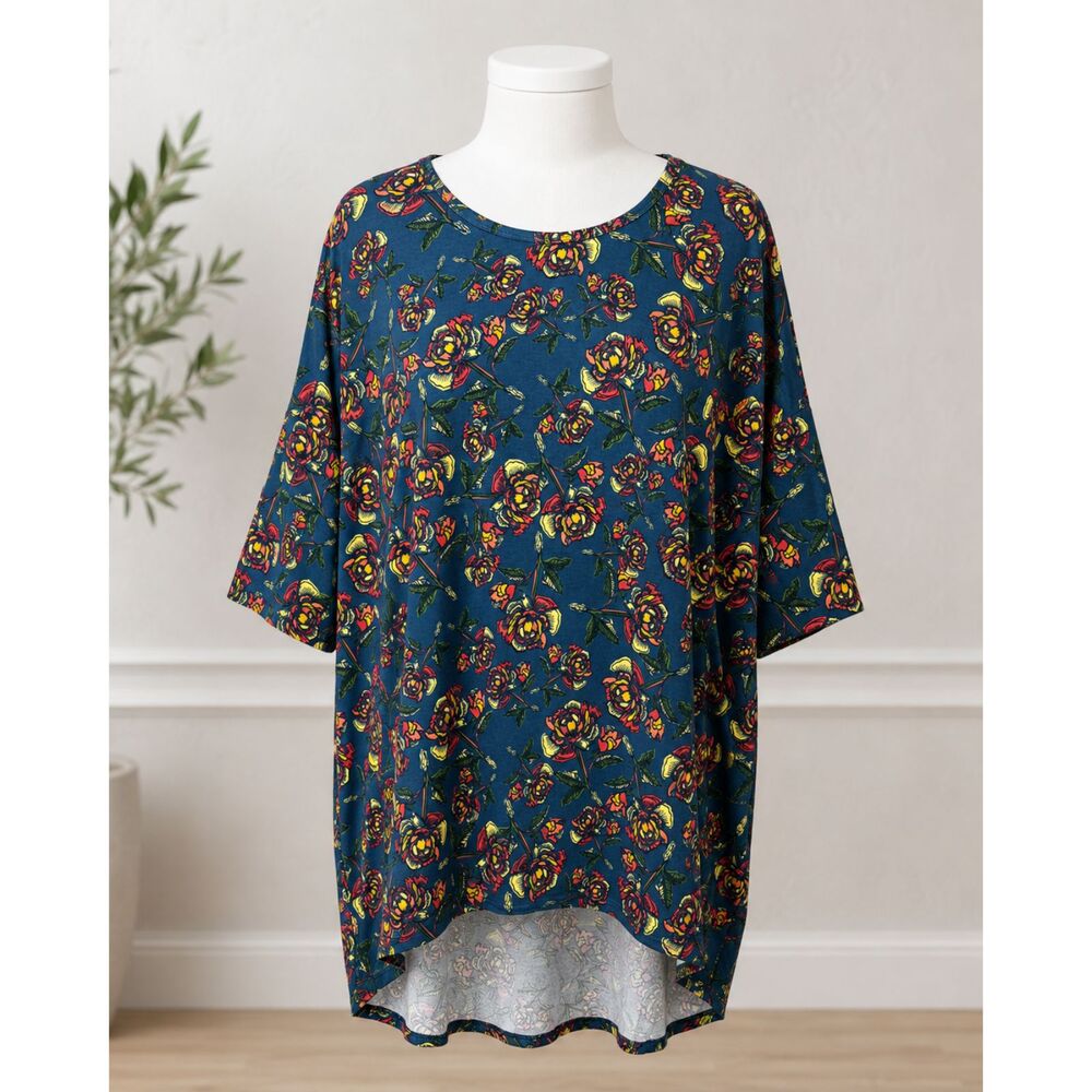 LuLaRoe Irma Women’s 2XL Blue Floral High Low Tunic Top 3/4 Sleeve Stretch NWT